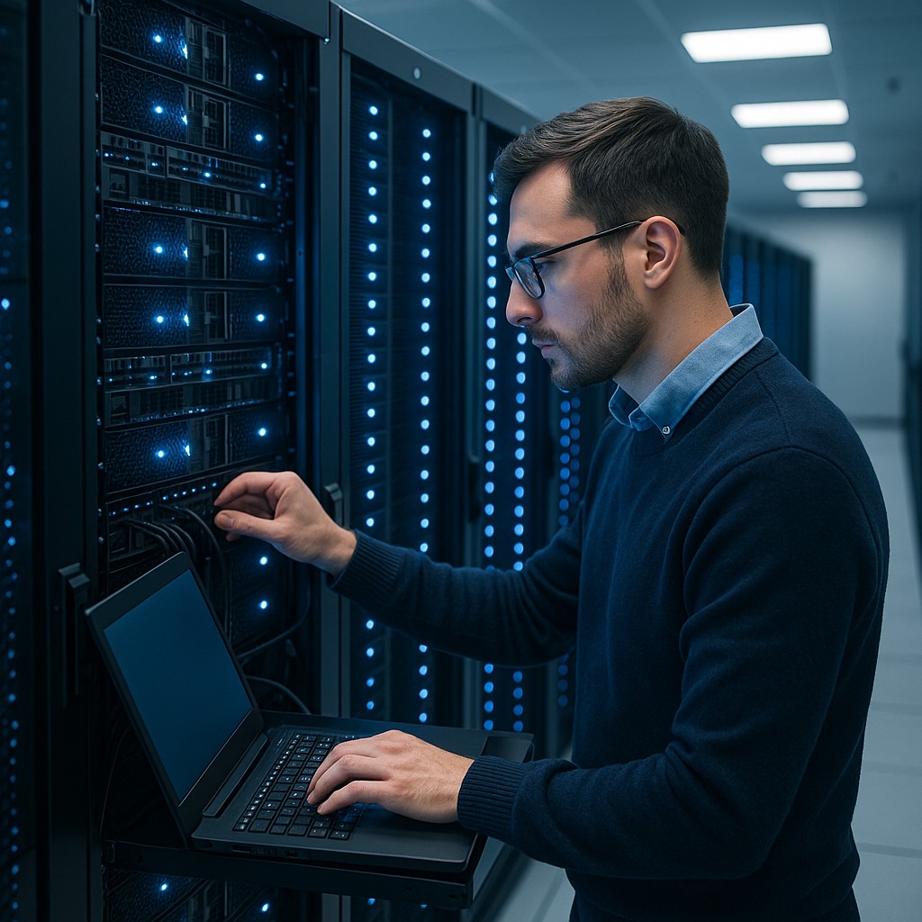 Technicien IT intervenant sur un serveur